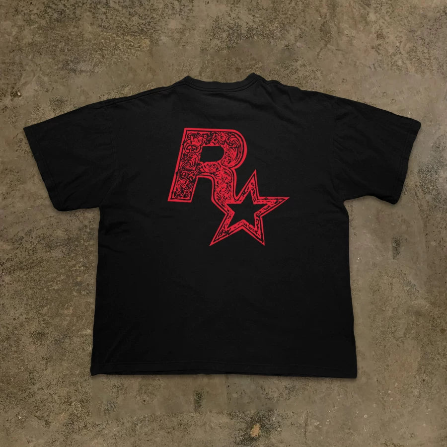 R Letter Print Balck T-shirt