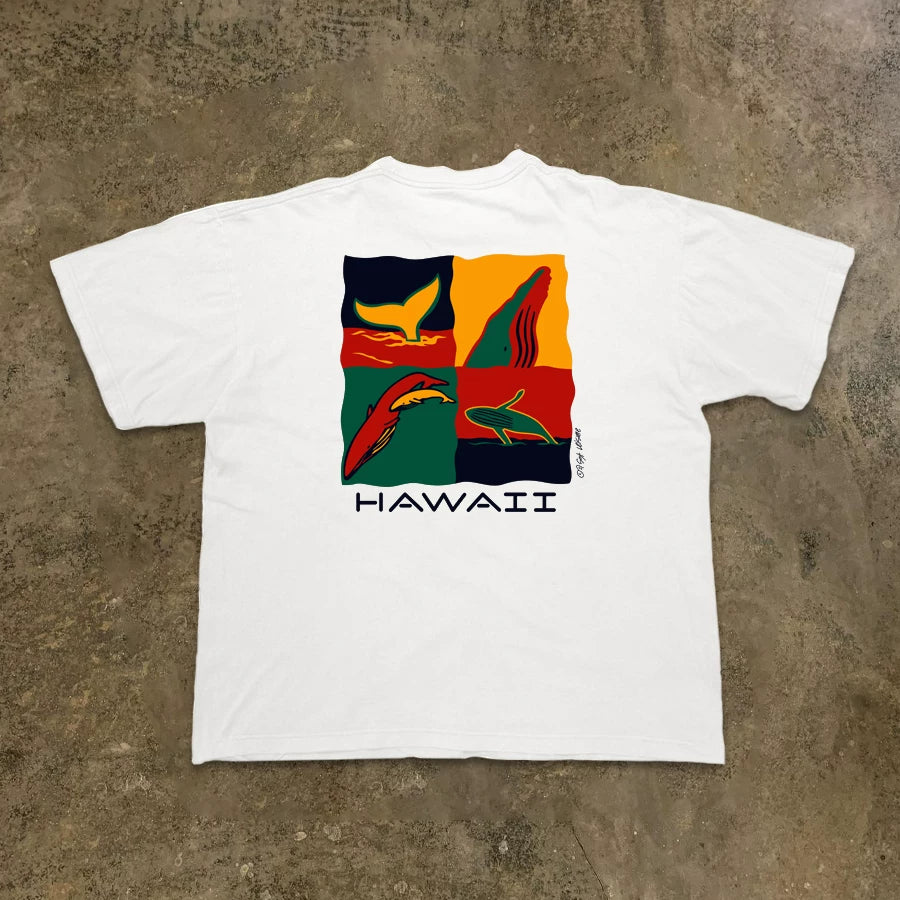 Hawaii Print White Cotton T-shirt