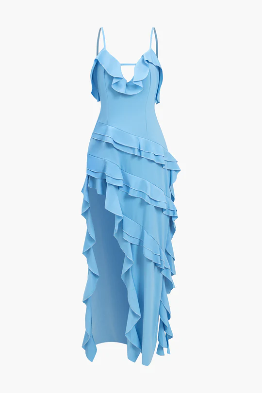 Solid Backless Ruffle Slit Maxi Dress